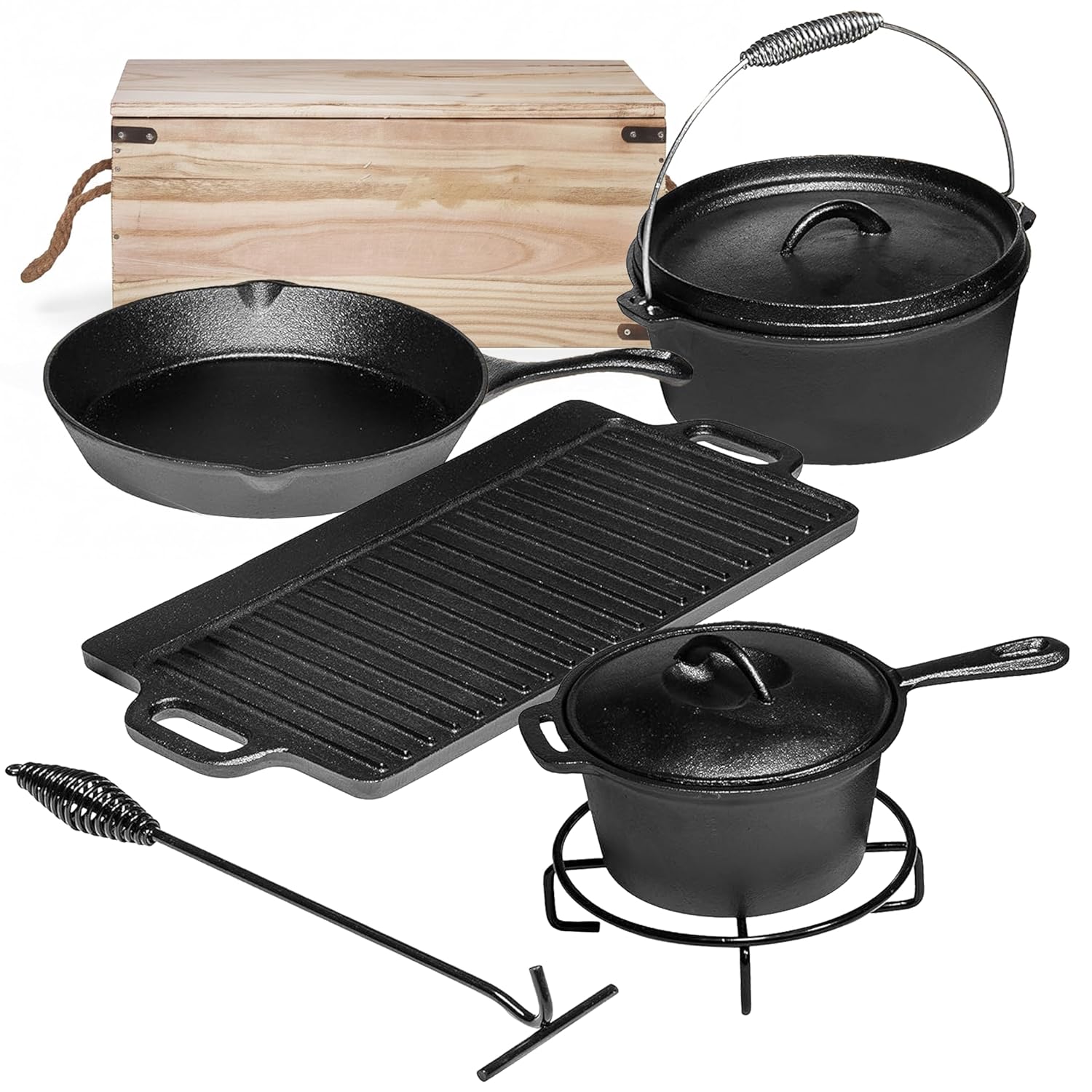 Camp Dutch Oven Cast - Camping Cooking Set Of 7. Pre
